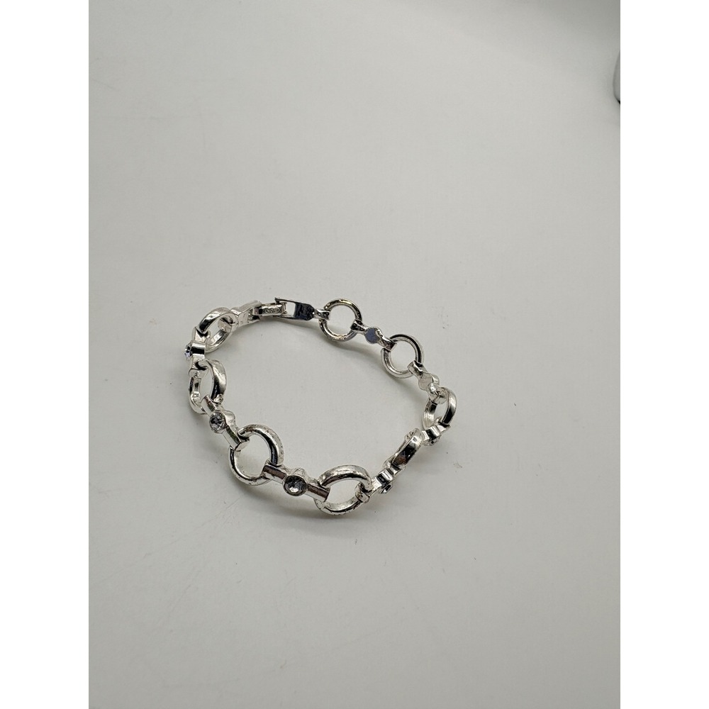 Avon Vtg Silver Tone Rhinestone Circle Link Bracelet 6.25 Inch Foldover Clasp